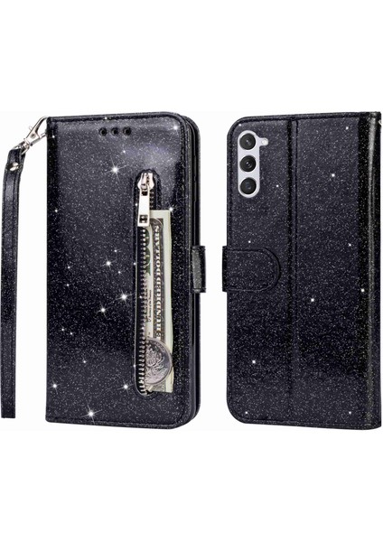 Samsung Galaxy S23 Fermuarı Pocket Glittery Pu Deri Anti-Drop Anti-Drop Telefon Kılıfı Flip Cüzdan Tam Koruma Telefon Kapağı (Yurt Dışından)