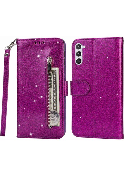 Samsung Galaxy S23 Fermuarı Pocket Glittery Pu Deri Anti-Drop Anti-Drop Telefon Kılıfı Flip Cüzdan Tam Koruma Telefon Kapağı (Yurt Dışından)
