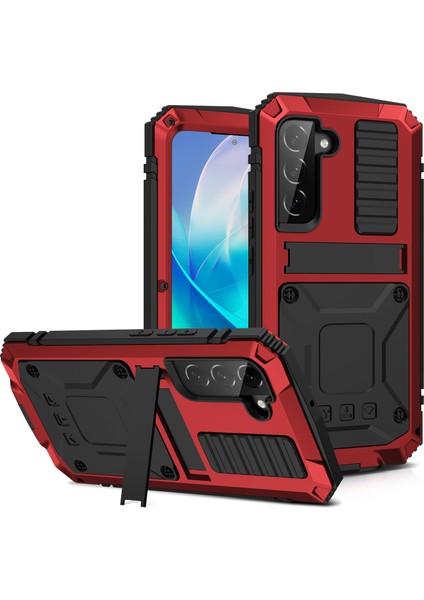 Samsung Galaxy S23 Gizli Kickstand Pc+Silikon+Metal Şok Geçirmez Vaka Su Geçirmez Toz Geçirmez Arka Kapak Temperlenmiş Cam Ekran Koruyucu (Yurt Dışından)
