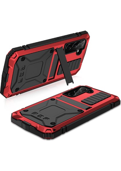 Samsung Galaxy S23 Gizli Kickstand Pc+Silikon+Metal Şok Geçirmez Vaka Su Geçirmez Toz Geçirmez Arka Kapak Temperlenmiş Cam Ekran Koruyucu (Yurt Dışından) fırsatları
