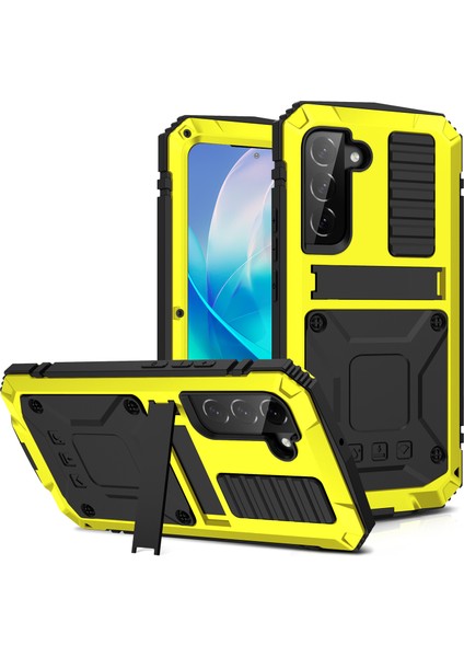 Samsung Galaxy S23 Gizli Kickstand Pc+Silikon+Metal Şok Geçirmez Vaka Su Geçirmez Toz Geçirmez Arka Kapak Temperlenmiş Cam Ekran Koruyucu (Yurt Dışından)