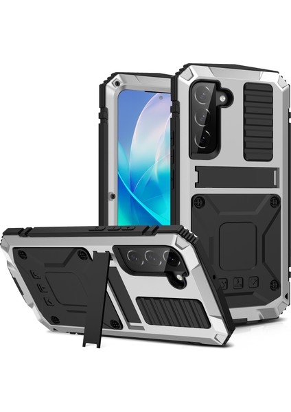 Samsung Galaxy S23 Gizli Kickstand Pc+Silikon+Metal Şok Geçirmez Vaka Su Geçirmez Toz Geçirmez Arka Kapak Temperlenmiş Cam Ekran Koruyucu (Yurt Dışından)