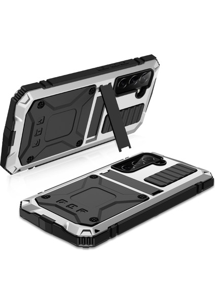 Samsung Galaxy S23 Gizli Kickstand Pc+Silikon+Metal Şok Geçirmez Vaka Su Geçirmez Toz Geçirmez Arka Kapak Temperlenmiş Cam Ekran Koruyucu (Yurt Dışından) fırsatları