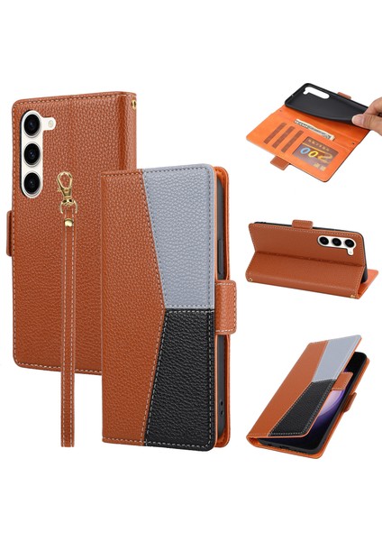 Samsung Galaxy S23 Için Telefon Deri Kılıfı, Üç Renkli Ekleme Litchi Doku Cep Telefonu Stand Kapak Cüzdanı Kayış (Yurt Dışından)
