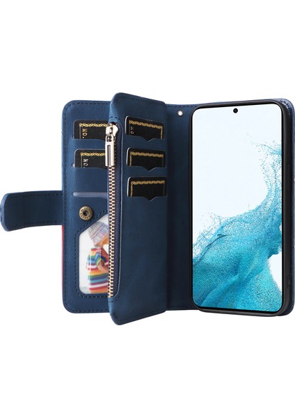 Samsung Galaxy S23 Anti-Fall Pu Deri Telefon Kapağı Iki Renk Ekleme Fermuar Cep Mobil Telefon Kılıfı Birden Çok Kart Yuvası (Yurt Dışından)