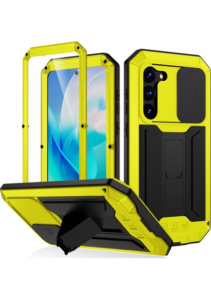 Samsung Galaxy S23 Pc+Silikon+Metal Telefon Geri Kılıf Slayt Kamera Kamera Tasarımı Temperli Cam Ekran Koruyucu (Yurt Dışından)