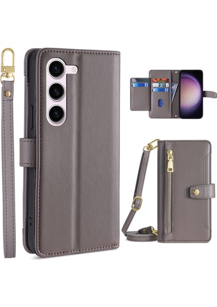 Samsung Galaxy S23 Kart Yuvaları Için Fermuar Cep Telefonu Kılıfı Stand Pu Deri Telefon Kapağı Kayışlarla (Yurt Dışından)