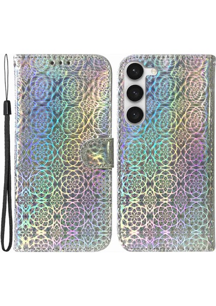 Samsung Galaxy S23 Göz Kamaştırıcı Çiçek Desen Telefon Kapağı Anti-Çizgi Pu Deri Deri Manyetik Cüzdan Stand Telefon Kabuğu Kayış (Yurt Dışından)