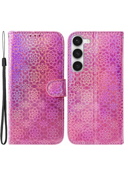Samsung Galaxy S23 Göz Kamaştırıcı Çiçek Desen Telefon Kapağı Anti-Çizgi Pu Deri Deri Manyetik Cüzdan Stand Telefon Kabuğu Kayış (Yurt Dışından)