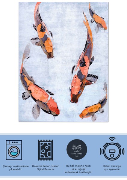 balık Figürlü Mavi Dekoratif Dokuma Taban Halı Mira 1257