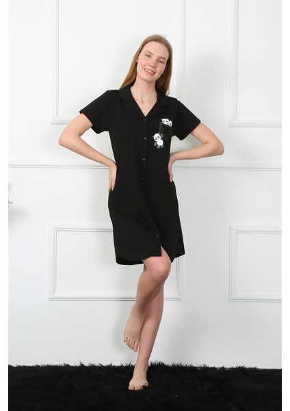 Kadın Penye Önden Düğmeli Siyah Tunik Gecelik 1032