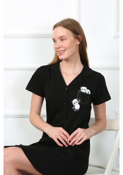 Kadın Penye Önden Düğmeli Siyah Tunik Gecelik 1032 fiyatları