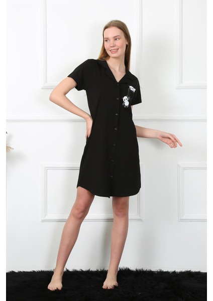 Kadın Penye Önden Düğmeli Siyah Tunik Gecelik 1032 fırsatları