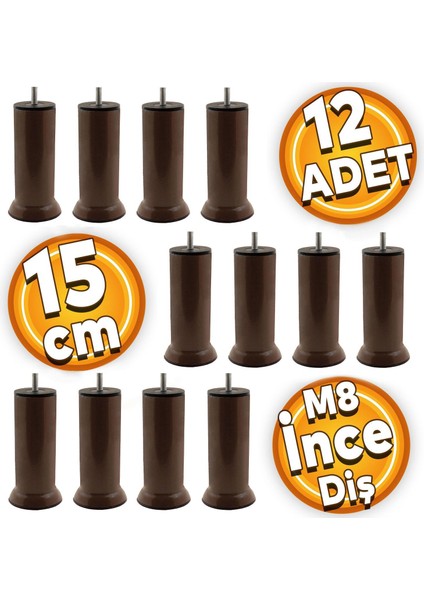 Baza Mobilya Kanepe Koltuk Destek Ayağı M8 Civatalı Kahverengi Metal Ayak 15 cm (12 Adet)