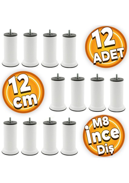 Mobilya Baza Kanepe Koltuk Destek Ayağı Metrik 8 Civatalı Ince Diş Beyaz Metal Ayak 12 cm (12 Adet)