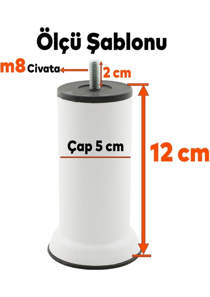 Mobilya Baza Kanepe Koltuk Destek Ayağı Metrik 8 Civatalı Ince Diş Beyaz Metal Ayak 12 cm (12 Adet)