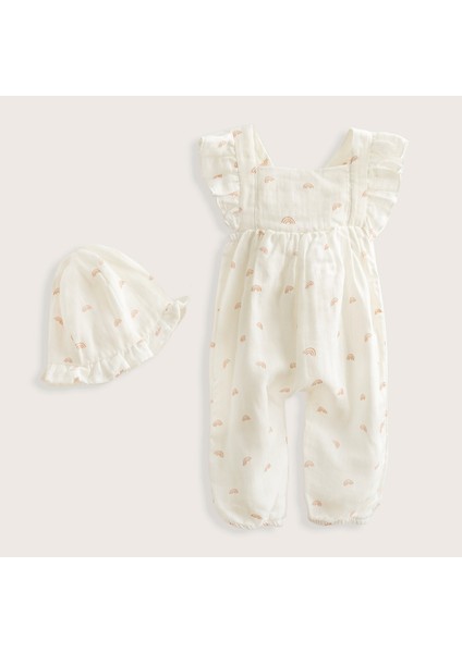 Rainbow Fırfırlı Baskılı Tulum&şapka Set Ekru