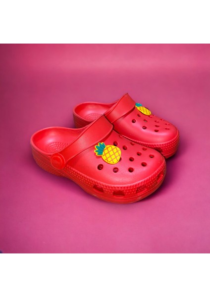 Çocuk Kırmızı Renk Ananas Figürlü Kaydırmaz Sandalet Crocs Terlik