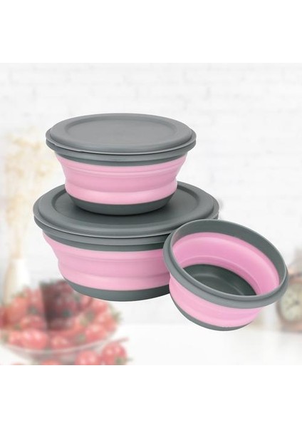 3 Adet / Takım Silikon Katlanır Öğle Yemeği Kutusu Kapaklı Taşınabilir Piknik Kamp Kase Set Mutfak Sofra Kiti Katlanabilir Meyve Salatası Kase (Pembe) (Yurt Dışından)