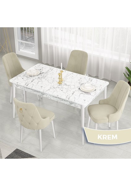 Concept Lav Serisi Sabit 80X130 Beyaz Mermer Desen Mutfak Masası Takımı 4 Sandalye Gold Halkalı
