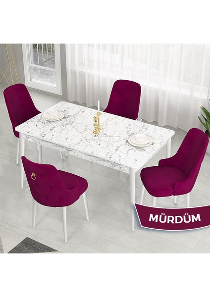 Concept Lav Serisi Sabit 80X130 Beyaz Mermer Desen Mutfak Masası Takımı 4 Sandalye Gold Halkalı