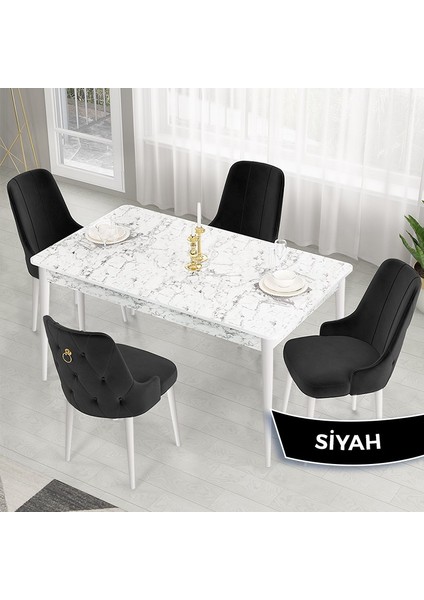 Concept Lav Serisi Sabit 80X130 Beyaz Mermer Desen Mutfak Masası Takımı 4 Sandalye Gold Halkalı