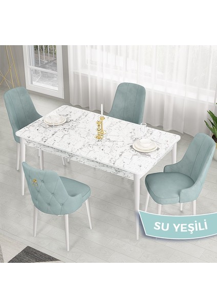 Concept Lav Serisi Sabit 80X130 Beyaz Mermer Desen Mutfak Masası Takımı 4 Sandalye Gold Halkalı