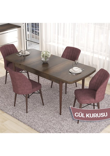 Concept Eva Serisi 80X132 Açılabilir Mdf Barok Ahşap Desen Mutfak Masa Takımı ve 4 Sandalye