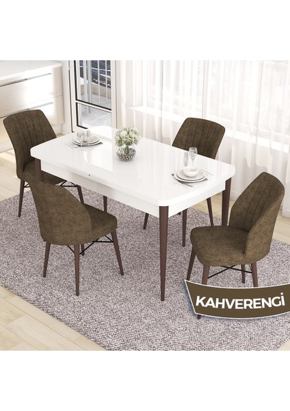 Concept Eva Serisi 80X132 Açılabilir Mdf Beyaz Masa Ceviz Ayak Mutfak Masa Takımı ve 4 Sandalye