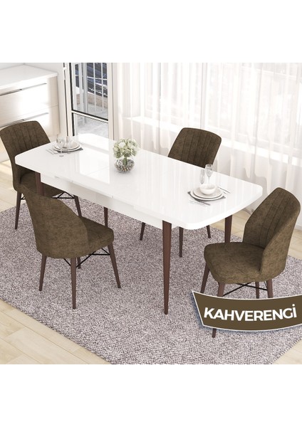 Concept Eva Serisi 80X132 Açılabilir Mdf Beyaz Masa Ceviz Ayak Mutfak Masa Takımı ve 4 Sandalye