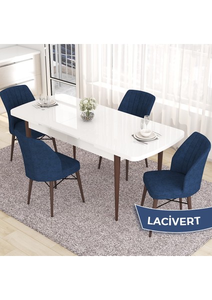 Concept Eva Serisi 80X132 Açılabilir Mdf Beyaz Masa Ceviz Ayak Mutfak Masa Takımı ve 4 Sandalye
