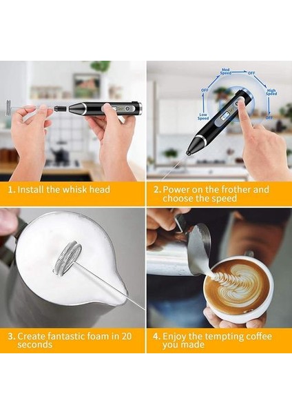 Süt Frother, Usb Şarj Edilebilir El Karıştırıcı 3 Paslanmaz Çelik Çırpma Teli Lcd Ekran, 3 Hız El Frother Çırpma Teli (Yurt Dışından)