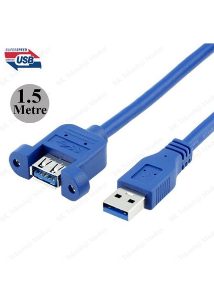 Panel Tipi Vidalı USB 3.0 Dişi / Erkek Uzatma Kablosu-1.5metre