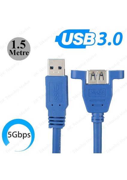 Panel Tipi Vidalı USB 3.0 Dişi / Erkek Uzatma Kablosu-1.5metre