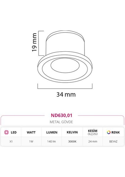 Sıva Altı Yıldız Spot Beyaz 1W 3000K Gün Işığı ND630 fiyatları