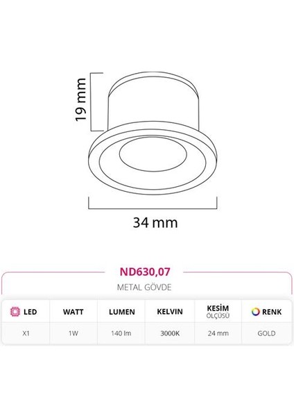 Sıva Altı Yıldız Spot Gold 1W 3000K Gün Işığı ND630