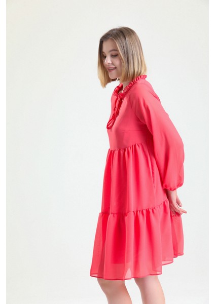 Boyundan Bağlamalı Uzun Kol Şifon Içi Astarlı Elbise ELB32766 Mercan modelleri