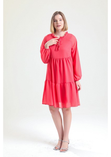 Boyundan Bağlamalı Uzun Kol Şifon Içi Astarlı Elbise ELB32766 Mercan fırsatları