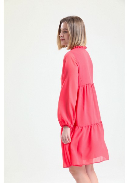 Boyundan Bağlamalı Uzun Kol Şifon Içi Astarlı Elbise ELB32766 Mercan indirimleri