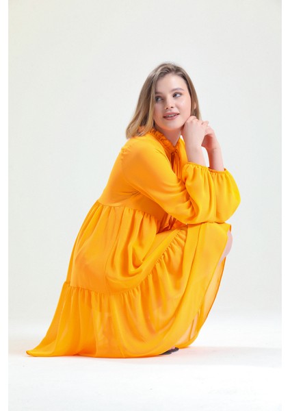 Boyundan Bağlamalı Uzun Kol Şifon Içi Astarlı Elbise ELB32766 Oranj