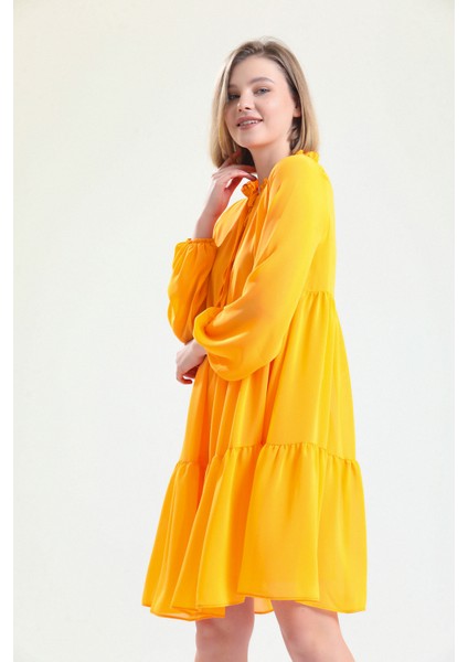 Boyundan Bağlamalı Uzun Kol Şifon Içi Astarlı Elbise ELB32766 Oranj modelleri