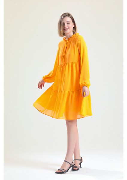 Boyundan Bağlamalı Uzun Kol Şifon Içi Astarlı Elbise ELB32766 Oranj fırsatları