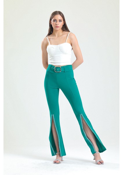 Beli Kemerli Paçaları Taşlı Scuba Krep Abiye Pantolon | PNT34185 Yesıl modelleri