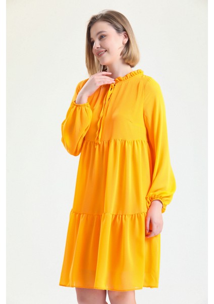 Boyundan Bağlamalı Uzun Kol Şifon Içi Astarlı Elbise ELB32766 Oranj fiyatları