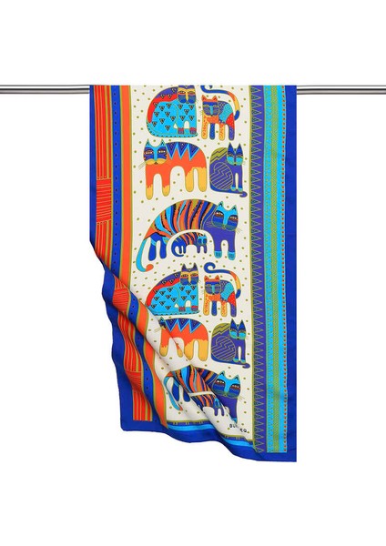 Turkuaz Turuncu Desenli Ipeksi Fular