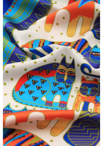 Turkuaz Turuncu Desenli Ipeksi Fular modelleri