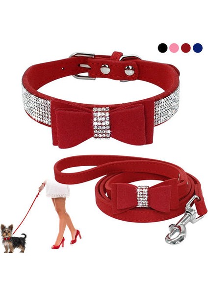 Ilmek Yaka Süet Deri Rhinestone Köpek Yaka Ve Tasma Seti Pet Yavru Kedi Küçük Orta Köpekler Için Chıhuahua Yaka Kediler | Köpek Kedi Yaka | Kitten Collarcat Yaka (Kırmızı) (Yurt Dışından)