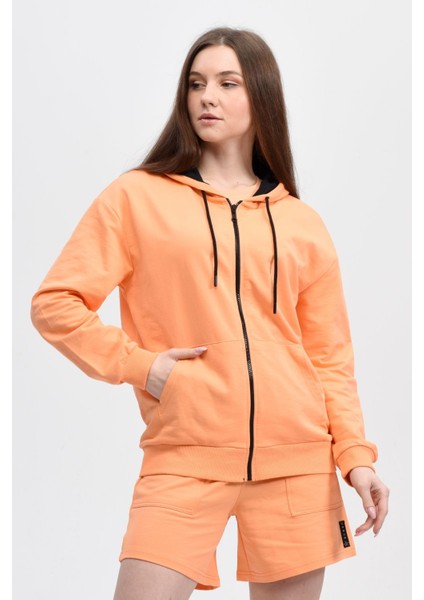 Kadın Kapüşonlu Fermuarlı Oversıze Sweatshirt Oranj - Xs