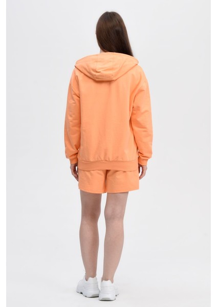Kadın Kapüşonlu Fermuarlı Oversıze Sweatshirt Oranj - Xs