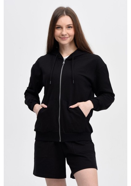 Kadın Kapüşonlu Fermuarlı Oversıze Sweatshirt Siyah